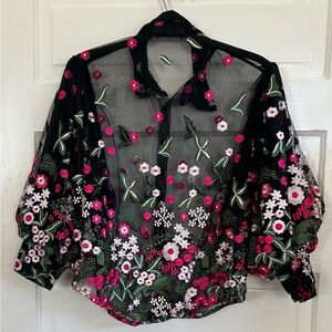 NWOT cqbycq Sheer Black Floral Embroidered Blouse with Pink Accents